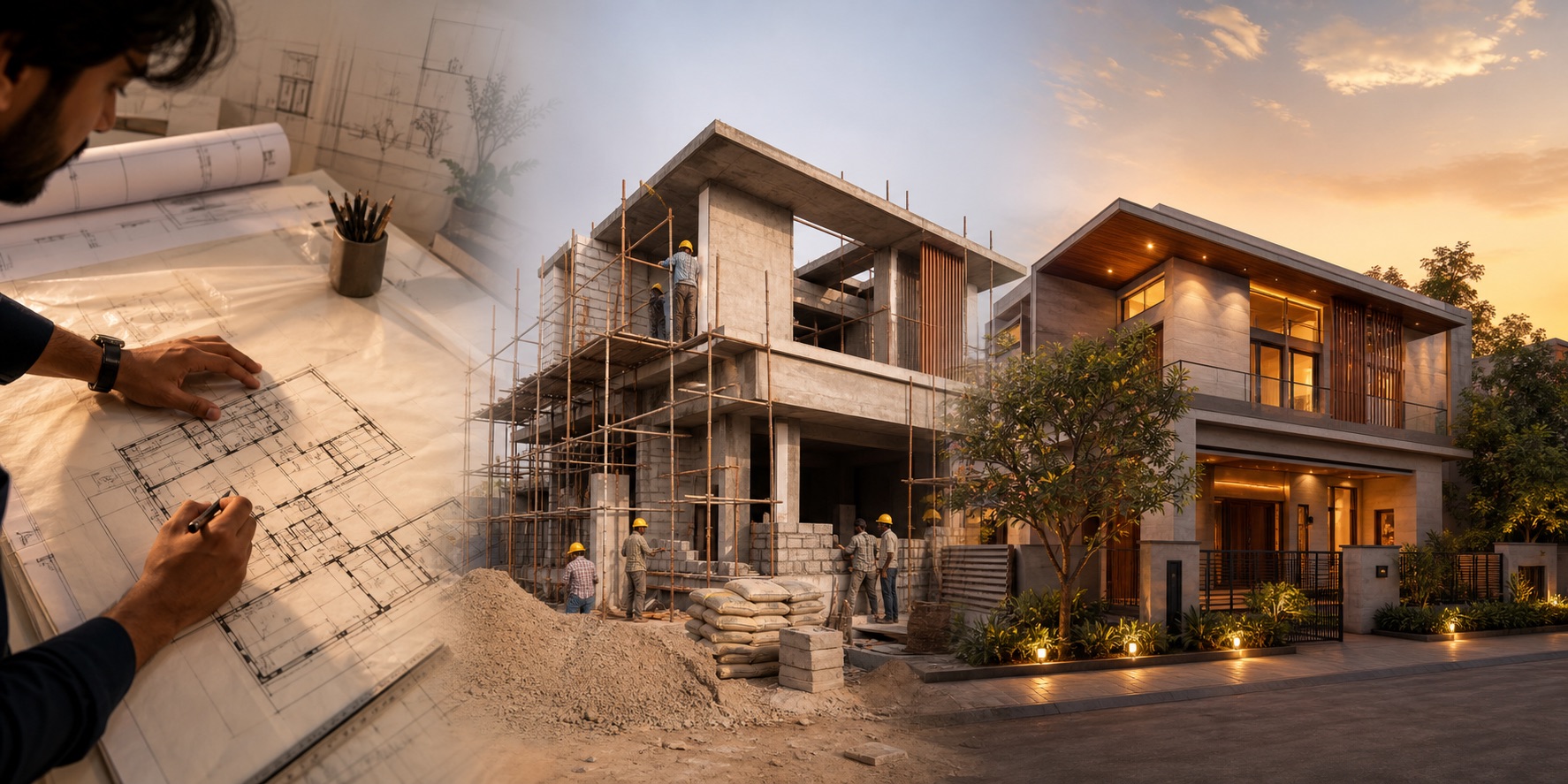 Architectural plan evolving through construction into a completed home