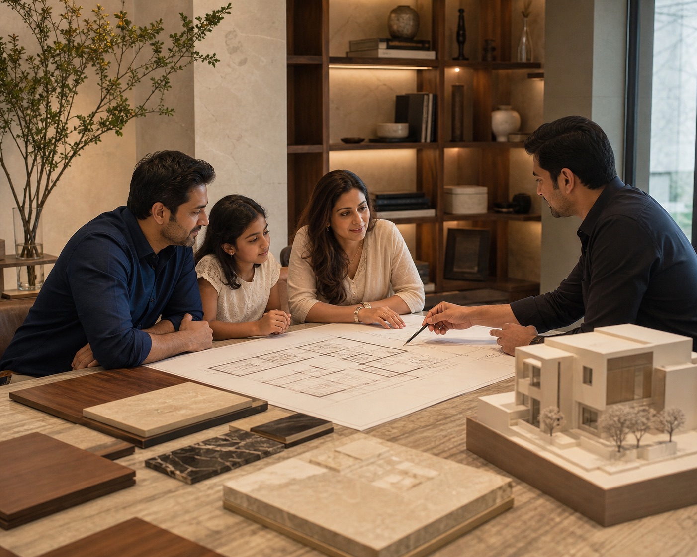A family in a private design consultation with a Sri Hayagreeva architect
